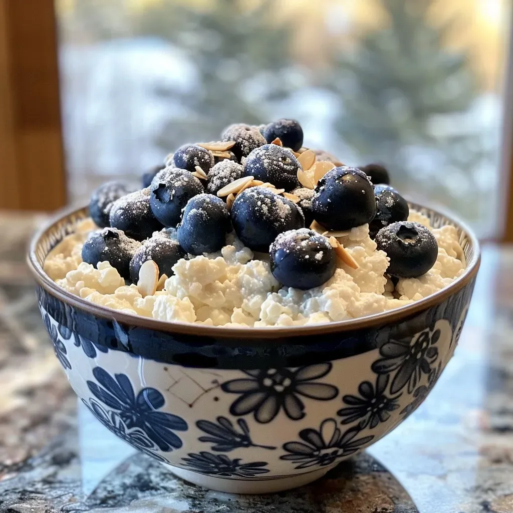 ['Close-up view of a blueberry cottage cheese bowl with almond slivers.', 'Side angle of a creamy cottage cheese bowl topped with blueberries and nuts.', 'Juicy blueberries and almond slivers over cottage cheese in a bowl.', 'Fresh blueberries and slivered almonds on a serving of cottage cheese.']