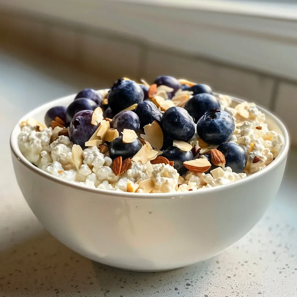 ['Close-up view of a blueberry cottage cheese bowl with almond slivers.', 'Side angle of a creamy cottage cheese bowl topped with blueberries and nuts.', 'Juicy blueberries and almond slivers over cottage cheese in a bowl.', 'Fresh blueberries and slivered almonds on a serving of cottage cheese.']