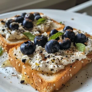 A close-up view of a toasted slice of sourdough topped with cottage cheese, blueberries, and honey.