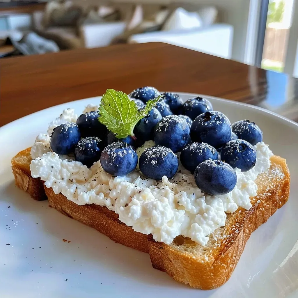 A close-up view of a toasted slice of sourdough topped with cottage cheese, blueberries, and honey.