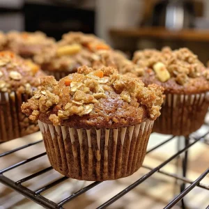 A close-up side view of freshly baked apple carrot muffins on a wooden table.