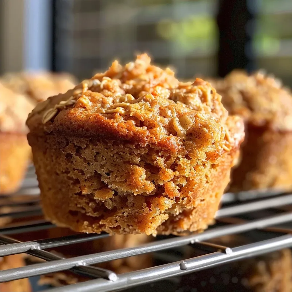 A close-up side view of freshly baked apple carrot muffins on a wooden table.