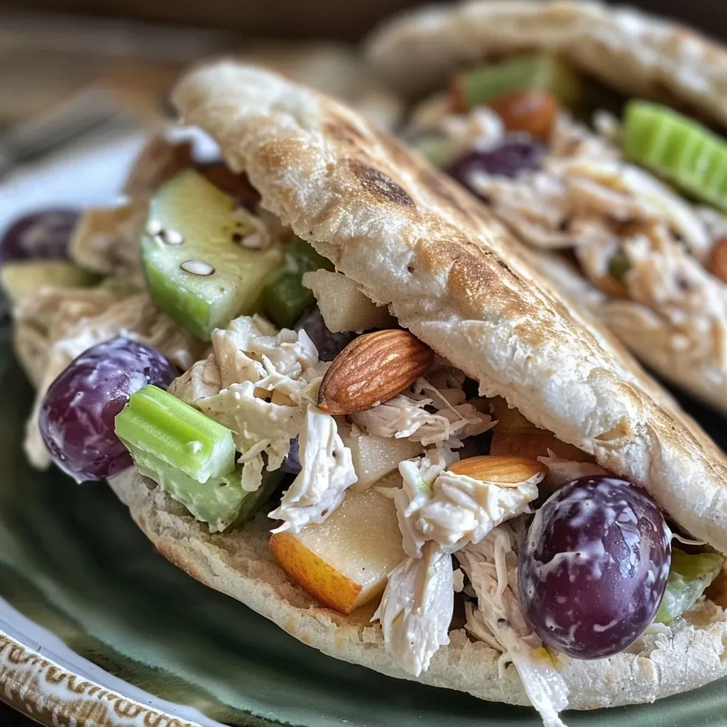 ['A close-up side view of a delicious Apple Chicken Salad Pita filled with vibrant ingredients.', 'Juicy Apple Chicken Salad Pita with colorful ingredients displayed in a close-up side view.', 'A appetizing side view of a Chicken Salad Pita featuring apples and grapes.', 'Side view of Apple Chicken Salad Pita showcasing fresh ingredients like chicken and grapes.']