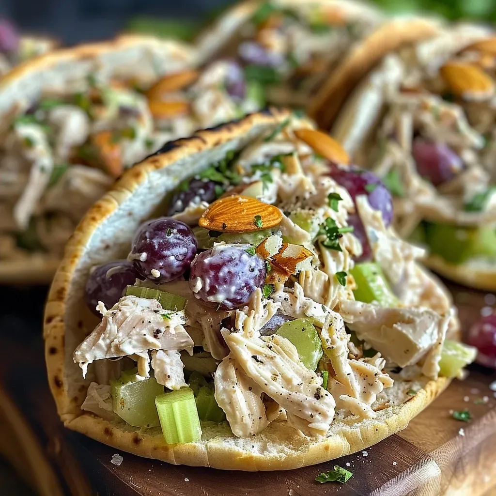 ['A close-up side view of a delicious Apple Chicken Salad Pita filled with vibrant ingredients.', 'Juicy Apple Chicken Salad Pita with colorful ingredients displayed in a close-up side view.', 'A appetizing side view of a Chicken Salad Pita featuring apples and grapes.', 'Side view of Apple Chicken Salad Pita showcasing fresh ingredients like chicken and grapes.']