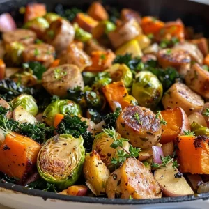 ['Close-up view of a skillet filled with apple chicken sausage and colorful vegetables.', 'Juicy apple chicken sausage mixed with sweet potatoes and Brussels sprouts in a skillet.', 'A hearty apple chicken sausage skillet showcasing diced apples, onions, and kale.', 'Pan of cooked chicken apple sausage with vibrant vegetables and herbs ready to serve.']
