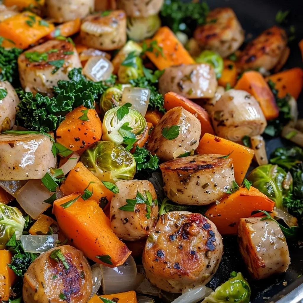 ['Close-up view of a skillet filled with apple chicken sausage and colorful vegetables.', 'Juicy apple chicken sausage mixed with sweet potatoes and Brussels sprouts in a skillet.', 'A hearty apple chicken sausage skillet showcasing diced apples, onions, and kale.', 'Pan of cooked chicken apple sausage with vibrant vegetables and herbs ready to serve.']