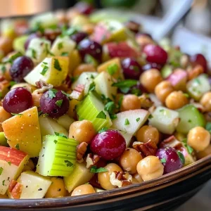 ['Close-up view of a vibrant Apple Chickpea Salad in a bowl.', 'Side angle shot of a colorful salad featuring chickpeas and apples.', 'Detailed image of an Apple Chickpea Salad with fresh ingredients.', 'Textured close-up of a salad composed of apples, chickpeas, and grapes.']