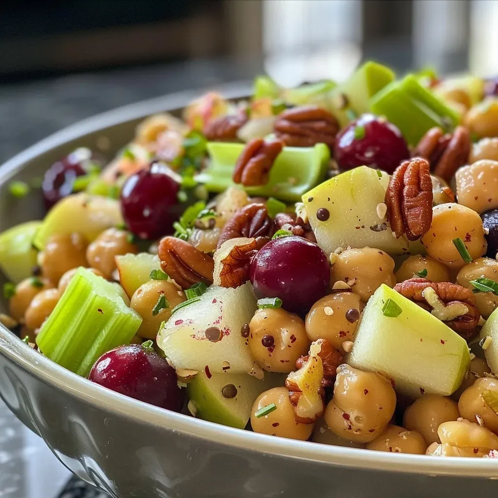['Close-up view of a vibrant Apple Chickpea Salad in a bowl.', 'Side angle shot of a colorful salad featuring chickpeas and apples.', 'Detailed image of an Apple Chickpea Salad with fresh ingredients.', 'Textured close-up of a salad composed of apples, chickpeas, and grapes.']