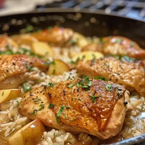 ['Juicy apple cider chicken thighs with rice and diced apples in a skillet.', 'Close-up of a skillet filled with chicken and rice, garnished with parsley.', 'A vibrant dish of apple cider chicken and rice, showcasing tender chicken thighs.', 'Delicious chicken and rice skillet with apple slices, ready to serve.']