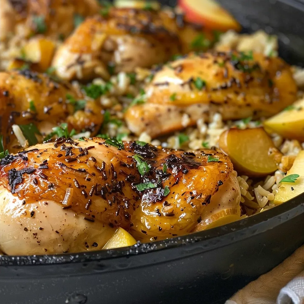 ['Juicy apple cider chicken thighs with rice and diced apples in a skillet.', 'Close-up of a skillet filled with chicken and rice, garnished with parsley.', 'A vibrant dish of apple cider chicken and rice, showcasing tender chicken thighs.', 'Delicious chicken and rice skillet with apple slices, ready to serve.']