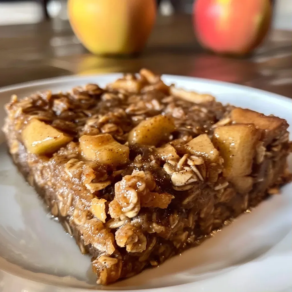 ['Close-up view of Apple Cinnamon Baked Oatmeal Bars showcasing their texture and ingredients.', 'Side view of freshly baked Apple Cinnamon Oatmeal Bars arranged on a plate.', 'Juicy Apple Cinnamon Baked Oatmeal Bars highlighting diced apples and cinnamon.', 'Detailed shot of Apple Cinnamon Baked Oatmeal Bars with a glossy surface from applesauce.']
