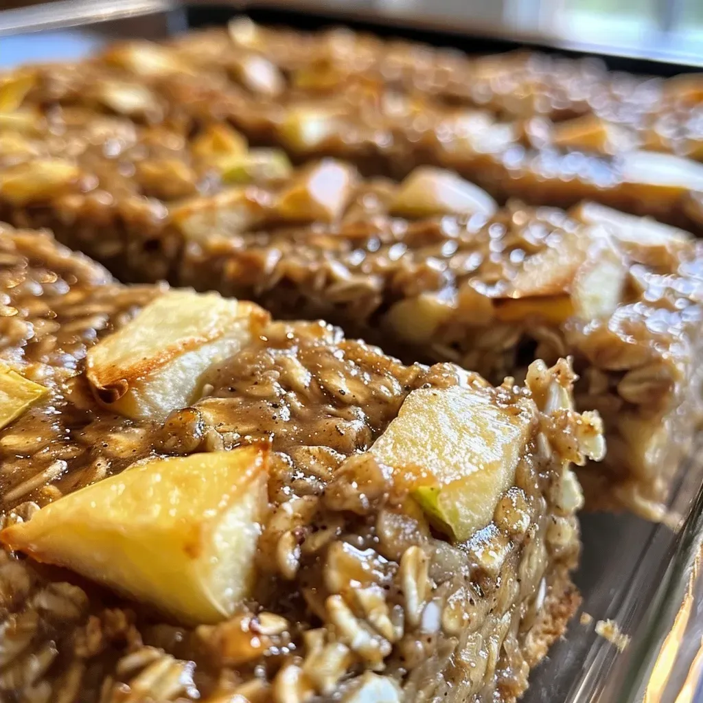 ['Close-up view of Apple Cinnamon Baked Oatmeal Bars showcasing their texture and ingredients.', 'Side view of freshly baked Apple Cinnamon Oatmeal Bars arranged on a plate.', 'Juicy Apple Cinnamon Baked Oatmeal Bars highlighting diced apples and cinnamon.', 'Detailed shot of Apple Cinnamon Baked Oatmeal Bars with a glossy surface from applesauce.']