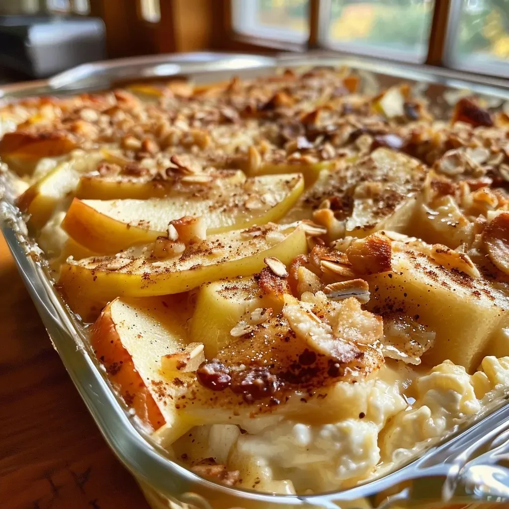['Close-up view of a golden-brown Apple Cinnamon Cottage Cheese Bake, showcasing slices with a glossy surface.', 'Side view of a warm Apple Cinnamon Cottage Cheese Bake with apple pieces visible on top and a sprinkle of cinnamon.', 'Juicy Apple Cinnamon Cottage Cheese Bake displayed on a plate, highlighting its moist texture and baked apple cubes.', 'A slice of Apple Cinnamon Cottage Cheese Bake positioned next to a fork, revealing its fluffy interior and cinnamon aroma.']