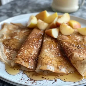 ['Close-up view of delicious apple cinnamon crepes stacked on a plate, showcasing a golden-brown color.', 'A side view of filled apple cinnamon crepes, with visible apple chunks and a sprinkle of cinnamon on top.', 'A close-up image of apple cinnamon crepes garnished with chopped apples, and a drizzle of syrup.', 'A detailed side view of steaming apple cinnamon crepes on a wooden table, highlighting their soft texture.']