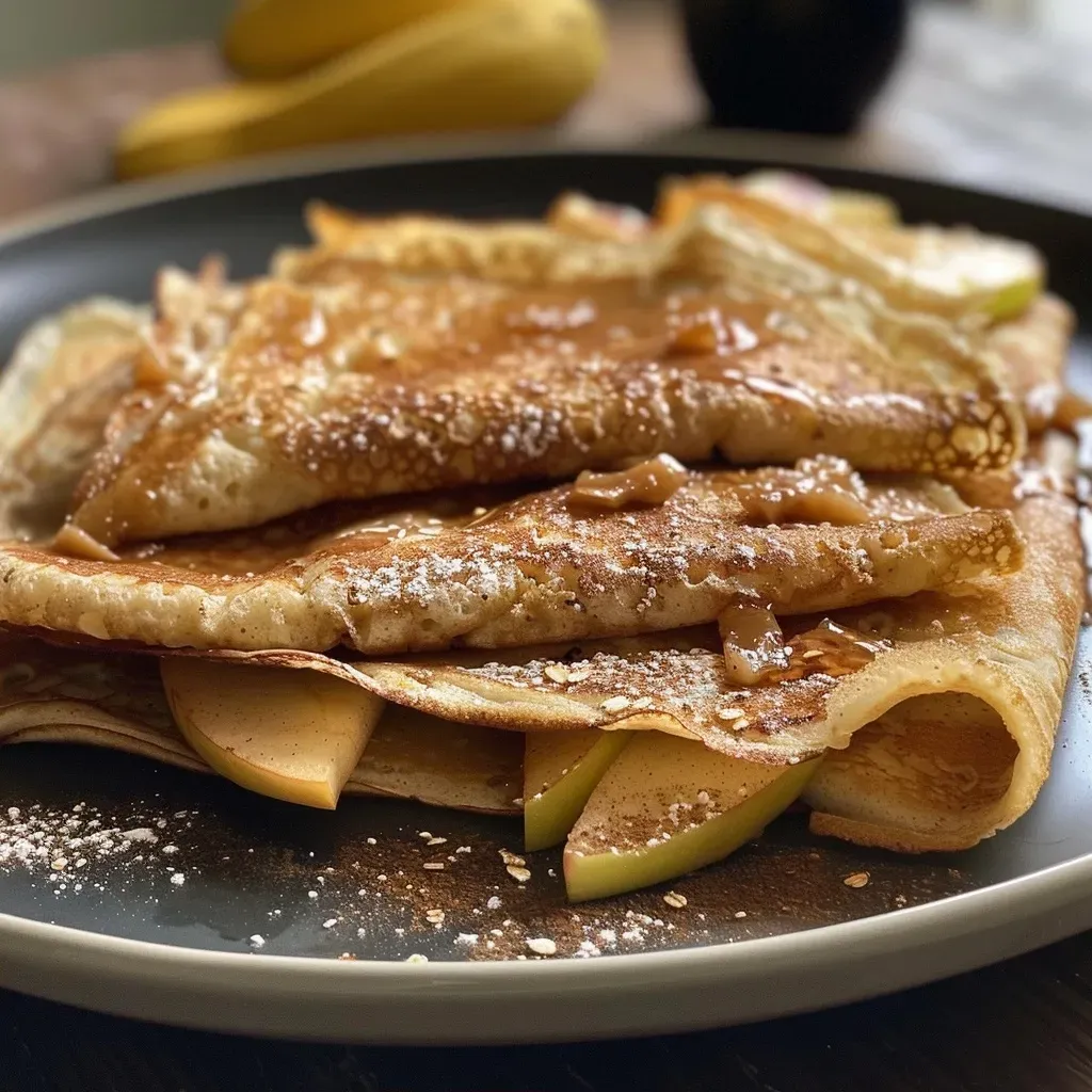 ['Close-up view of delicious apple cinnamon crepes stacked on a plate, showcasing a golden-brown color.', 'A side view of filled apple cinnamon crepes, with visible apple chunks and a sprinkle of cinnamon on top.', 'A close-up image of apple cinnamon crepes garnished with chopped apples, and a drizzle of syrup.', 'A detailed side view of steaming apple cinnamon crepes on a wooden table, highlighting their soft texture.']