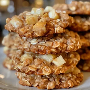 Close-up view of apple cinnamon oatmeal cookies with a golden-brown color and visible apple chunks.
