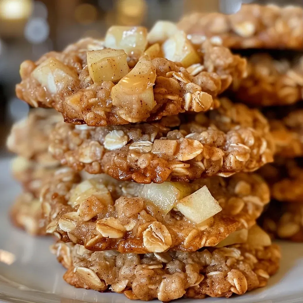['Close-up view of apple cinnamon oatmeal cookies with a golden-brown color and visible apple chunks.', 'Side view of freshly baked apple cinnamon oatmeal cookies featuring a shiny surface and chunks of white chocolate.', 'Juicy and delicious apple cinnamon oatmeal cookies displayed on a plate, highlighting their texture and ingredients.', 'A collection of warm apple cinnamon oatmeal cookies, showcasing their soft and chewy appearance with apple bits.']
