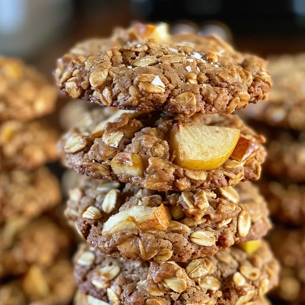 Close-up view of apple cinnamon oatmeal cookies with a golden-brown color and visible apple chunks.