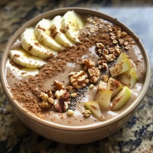 ['Close-up of a creamy apple cinnamon smoothie bowl topped with sliced apples and walnuts.', 'Side view of a vibrant apple cinnamon smoothie bowl featuring granola and a drizzle of maple syrup.', 'Thick apple cinnamon smoothie bowl garnished with a sprinkle of cinnamon and fresh fruit.', 'A delicious smoothie bowl made with apples and cinnamon, adorned with nuts and oats.']