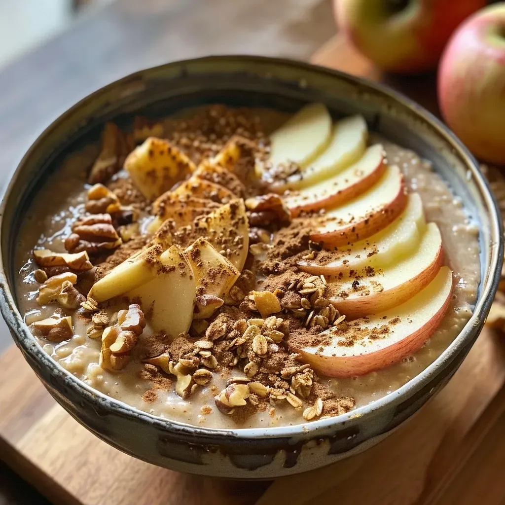 ['Close-up of a creamy apple cinnamon smoothie bowl topped with sliced apples and walnuts.', 'Side view of a vibrant apple cinnamon smoothie bowl featuring granola and a drizzle of maple syrup.', 'Thick apple cinnamon smoothie bowl garnished with a sprinkle of cinnamon and fresh fruit.', 'A delicious smoothie bowl made with apples and cinnamon, adorned with nuts and oats.']