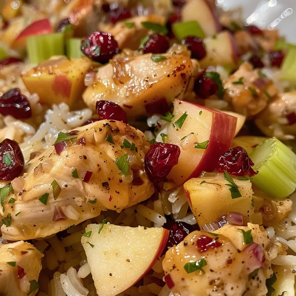 A close-up view of Apple Cranberry Chicken and Rice, showcasing colorful ingredients on a plate.