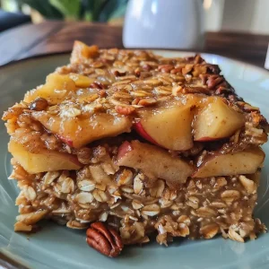 ['A close-up side view of a bowl of Apple Pie Baked Oatmeal with visible chunks of apple and nuts.', 'Slice of warm Apple Pie Baked Oatmeal topped with pecans, showcasing a golden-brown crust.', 'A rustic serving of Apple Pie Baked Oatmeal in a dish, highlighting the mix of apples and oats.', 'Side view of a hearty Apple Pie Baked Oatmeal, displaying its comforting texture and ingredients.']
