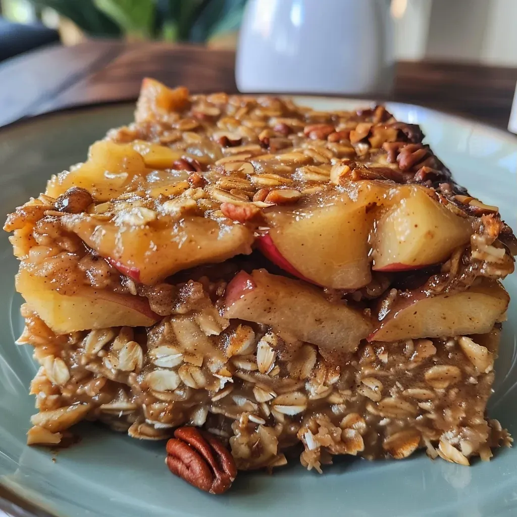 ['A close-up side view of a bowl of Apple Pie Baked Oatmeal with visible chunks of apple and nuts.', 'Slice of warm Apple Pie Baked Oatmeal topped with pecans, showcasing a golden-brown crust.', 'A rustic serving of Apple Pie Baked Oatmeal in a dish, highlighting the mix of apples and oats.', 'Side view of a hearty Apple Pie Baked Oatmeal, displaying its comforting texture and ingredients.']