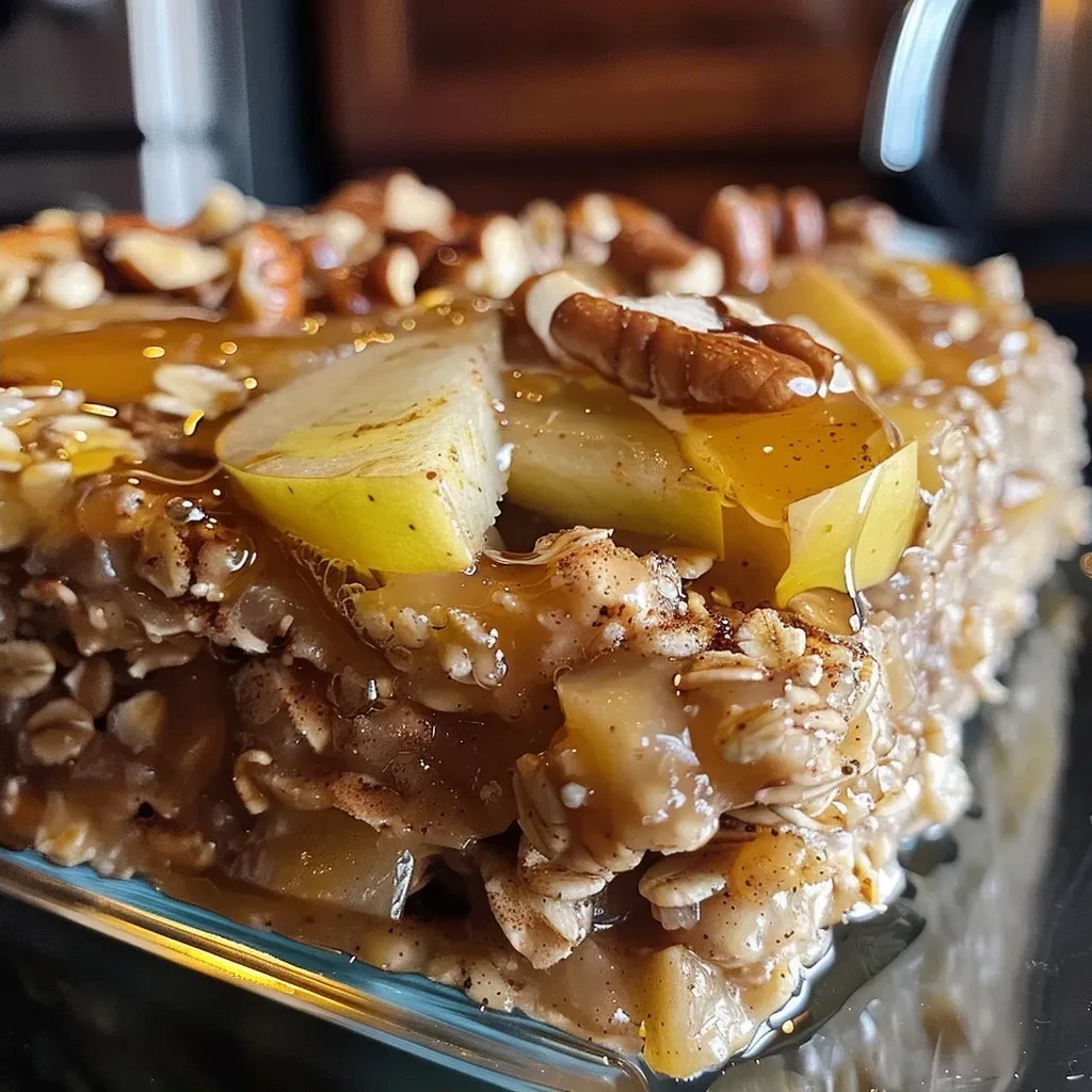 ['A close-up side view of a bowl of Apple Pie Baked Oatmeal with visible chunks of apple and nuts.', 'Slice of warm Apple Pie Baked Oatmeal topped with pecans, showcasing a golden-brown crust.', 'A rustic serving of Apple Pie Baked Oatmeal in a dish, highlighting the mix of apples and oats.', 'Side view of a hearty Apple Pie Baked Oatmeal, displaying its comforting texture and ingredients.']