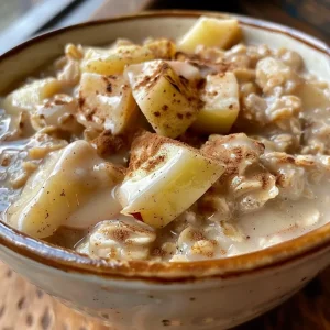 ['A close-up view of Apple Pie Overnight Oats in a glass bowl, featuring layers of oats, apples, and spices.', 'Side view of a serving of Apple Pie Overnight Oats, showcasing chopped apples sprinkled with cinnamon.', 'A detailed image of Apple Pie Overnight Oats with visible ingredients like oats and almond milk, garnished with apple chunks.', 'Close-up of a creamy bowl of Apple Pie Overnight Oats, highlighting the texture and the layers of oats and apple pieces.']