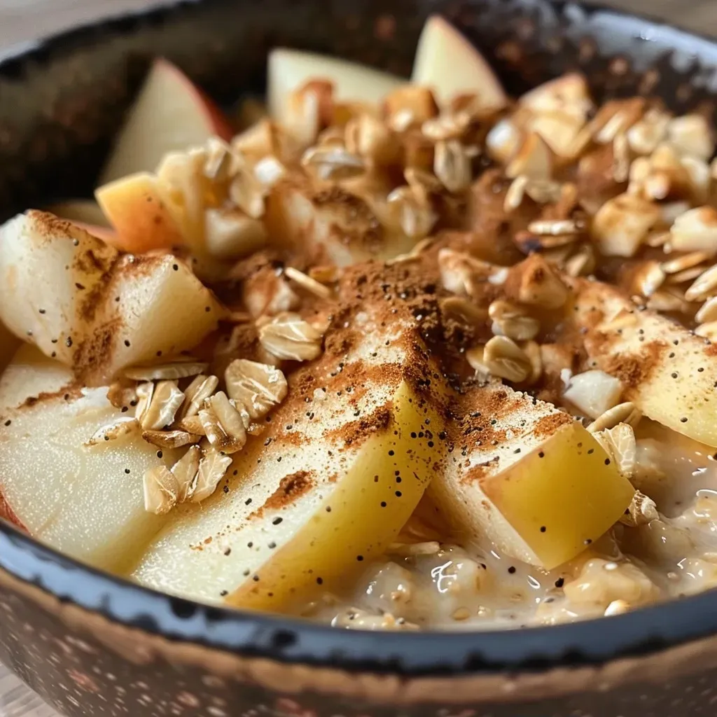 ['A close-up view of Apple Pie Overnight Oats in a glass bowl, featuring layers of oats, apples, and spices.', 'Side view of a serving of Apple Pie Overnight Oats, showcasing chopped apples sprinkled with cinnamon.', 'A detailed image of Apple Pie Overnight Oats with visible ingredients like oats and almond milk, garnished with apple chunks.', 'Close-up of a creamy bowl of Apple Pie Overnight Oats, highlighting the texture and the layers of oats and apple pieces.']