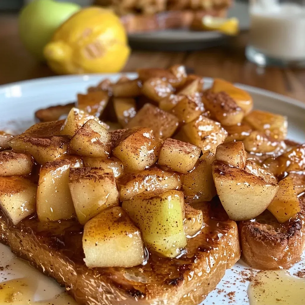 ['Close-up view of a slice of toast topped with warm cinnamon apples and yogurt.', 'Side view of apple pie toast featuring diced apples and almond butter on toasted bread.', 'Delicious apple pie toast with a generous dollop of yogurt and sprinkled cinnamon.', 'Toast topped with caramelized apples, yogurt, and almond butter, displayed from the side.']