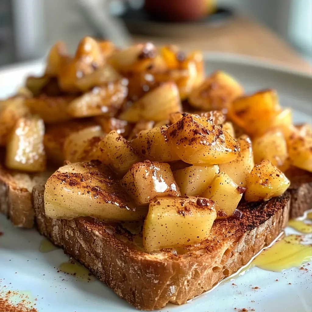 ['Close-up view of a slice of toast topped with warm cinnamon apples and yogurt.', 'Side view of apple pie toast featuring diced apples and almond butter on toasted bread.', 'Delicious apple pie toast with a generous dollop of yogurt and sprinkled cinnamon.', 'Toast topped with caramelized apples, yogurt, and almond butter, displayed from the side.']