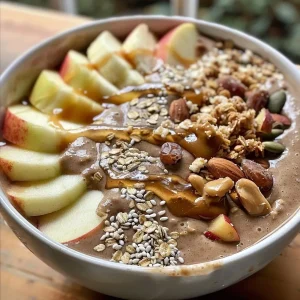 ['A close-up view of a colorful Apple Smoothie Bowl topped with fruits and nuts.', 'A vibrant Apple Smoothie Bowl featuring chopped apples and a sprinkle of oats.', 'A side view of a delicious Apple Smoothie Bowl filled with toppings like granola and almond butter.', 'An enticing Apple Smoothie Bowl displayed with fresh ingredients and a creamy texture.']