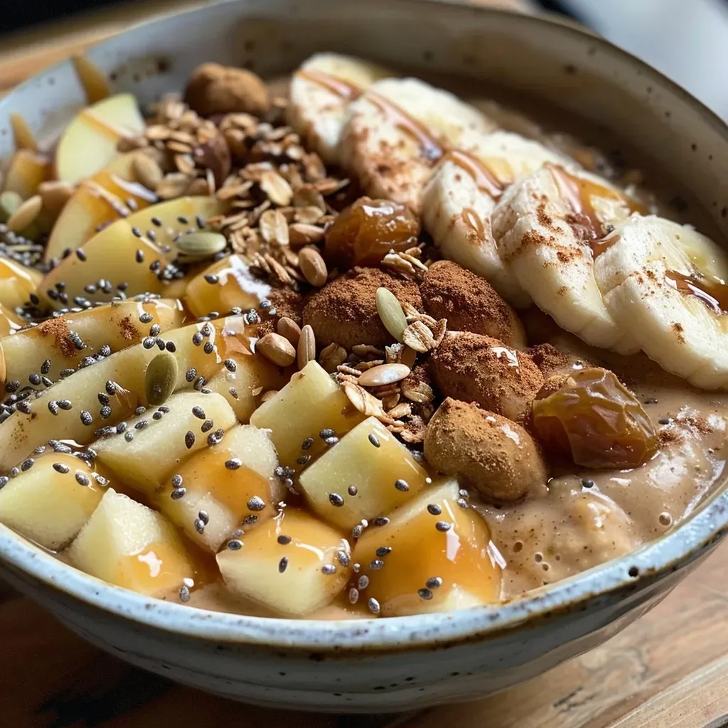 ['A close-up view of a colorful Apple Smoothie Bowl topped with fruits and nuts.', 'A vibrant Apple Smoothie Bowl featuring chopped apples and a sprinkle of oats.', 'A side view of a delicious Apple Smoothie Bowl filled with toppings like granola and almond butter.', 'An enticing Apple Smoothie Bowl displayed with fresh ingredients and a creamy texture.']