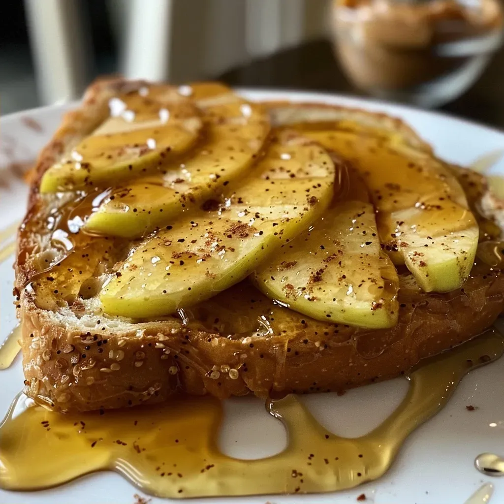 ['Close-up view of a slice of Apple Toast topped with Honey Butter and cinnamon, showcasing apple slices.', 'Side view of toasted whole wheat bread with peanut butter, apple slices, and a drizzle of honey.', 'Juicy Apple Toast with a glossy honey butter topping, featuring vibrant apple slices on toasted bread.', 'Toasted bread layered with peanut butter, fresh apple slices, and honey butter, viewed from the side.']