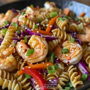 ['Close-up view of a vibrant Asian pasta salad with shrimp, featuring colorful vegetables and a glossy dressing.', 'Side view of a bowl filled with Asian pasta salad, showcasing shrimp, fusilli pasta, and fresh vegetables.', 'Detailed look at a shrimp pasta salad, highlighting the mix of carrots, bell peppers, and purple cabbage.', 'Close-up of a delicious serving of Asian pasta salad with shrimp, garnished with green onions and sesame seeds.']