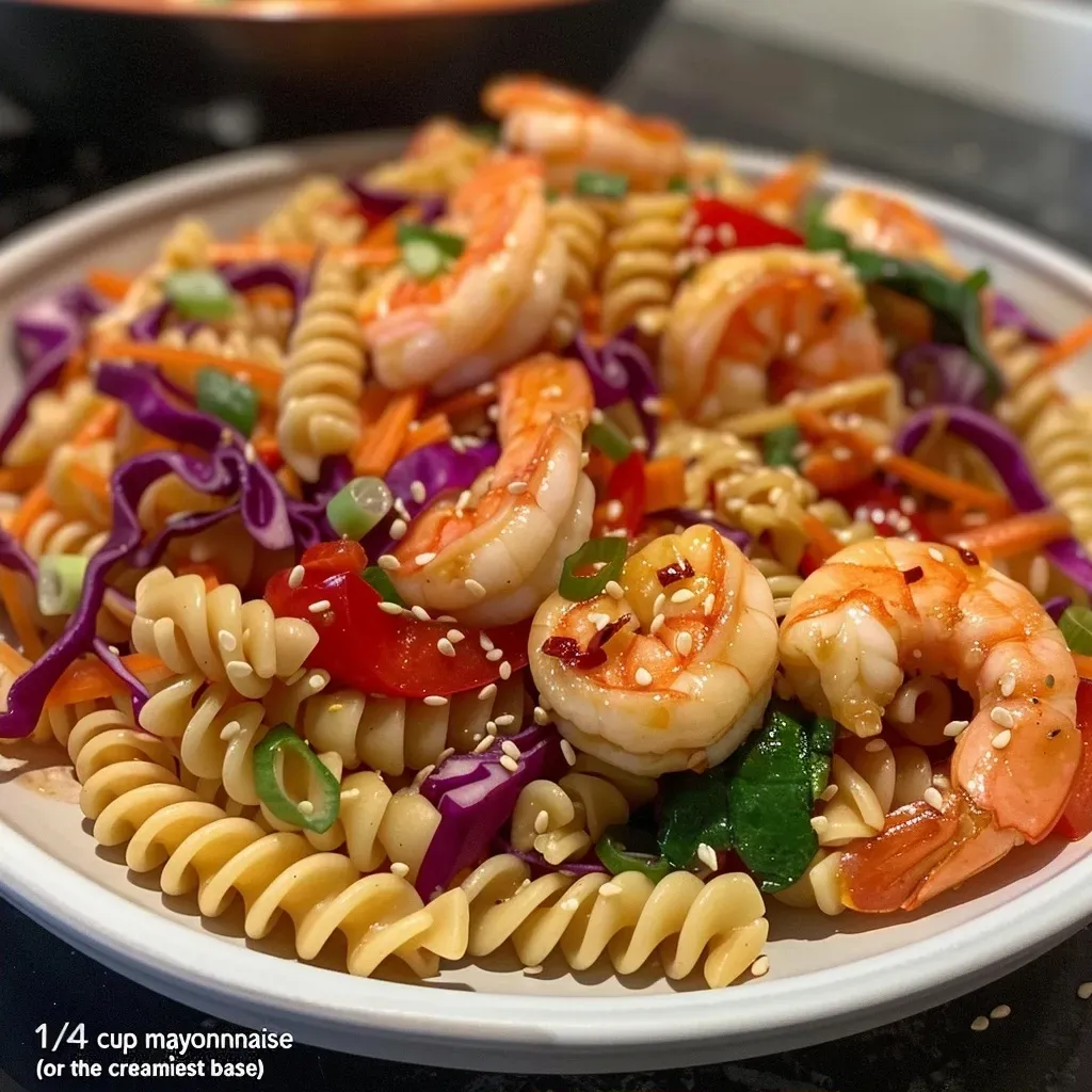 ['Close-up view of a vibrant Asian pasta salad with shrimp, featuring colorful vegetables and a glossy dressing.', 'Side view of a bowl filled with Asian pasta salad, showcasing shrimp, fusilli pasta, and fresh vegetables.', 'Detailed look at a shrimp pasta salad, highlighting the mix of carrots, bell peppers, and purple cabbage.', 'Close-up of a delicious serving of Asian pasta salad with shrimp, garnished with green onions and sesame seeds.']