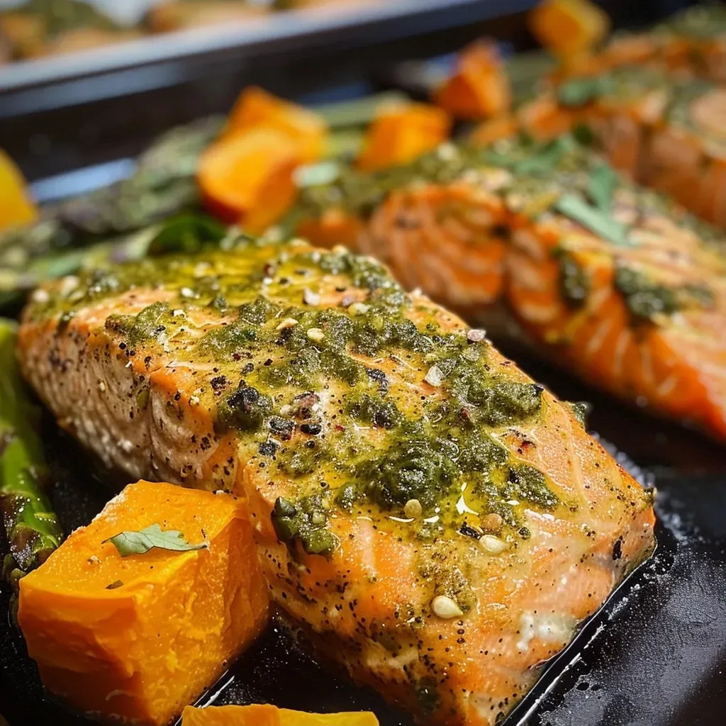 ['Juicy Baked Pesto Salmon fillet on a plate with colorful butternut rice and asparagus.', 'Close-up view of Baked Pesto Salmon served with butternut squash rice and green asparagus.', 'Baked Pesto Salmon dish showcasing vibrant butternut rice and lightly sautéed asparagus.', 'Deliciously presented Baked Pesto Salmon with a side of butternut rice and fresh asparagus.']