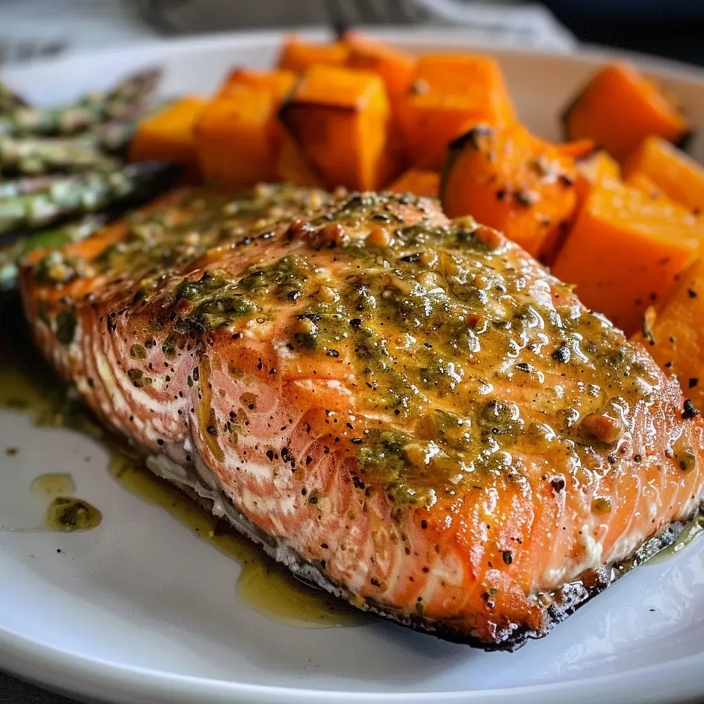 ['Juicy Baked Pesto Salmon fillet on a plate with colorful butternut rice and asparagus.', 'Close-up view of Baked Pesto Salmon served with butternut squash rice and green asparagus.', 'Baked Pesto Salmon dish showcasing vibrant butternut rice and lightly sautéed asparagus.', 'Deliciously presented Baked Pesto Salmon with a side of butternut rice and fresh asparagus.']