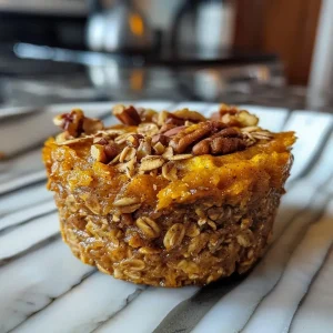['Close-up view of baked pumpkin oatmeal cups with a golden-brown top.', 'Side view of delicious baked oatmeal cups featuring a pumpkin filling.', 'Juicy pumpkin oatmeal cups arranged neatly on a plate, showcasing their texture.', 'Appetizing baked pumpkin oatmeal cups with visible walnut pieces on top.']