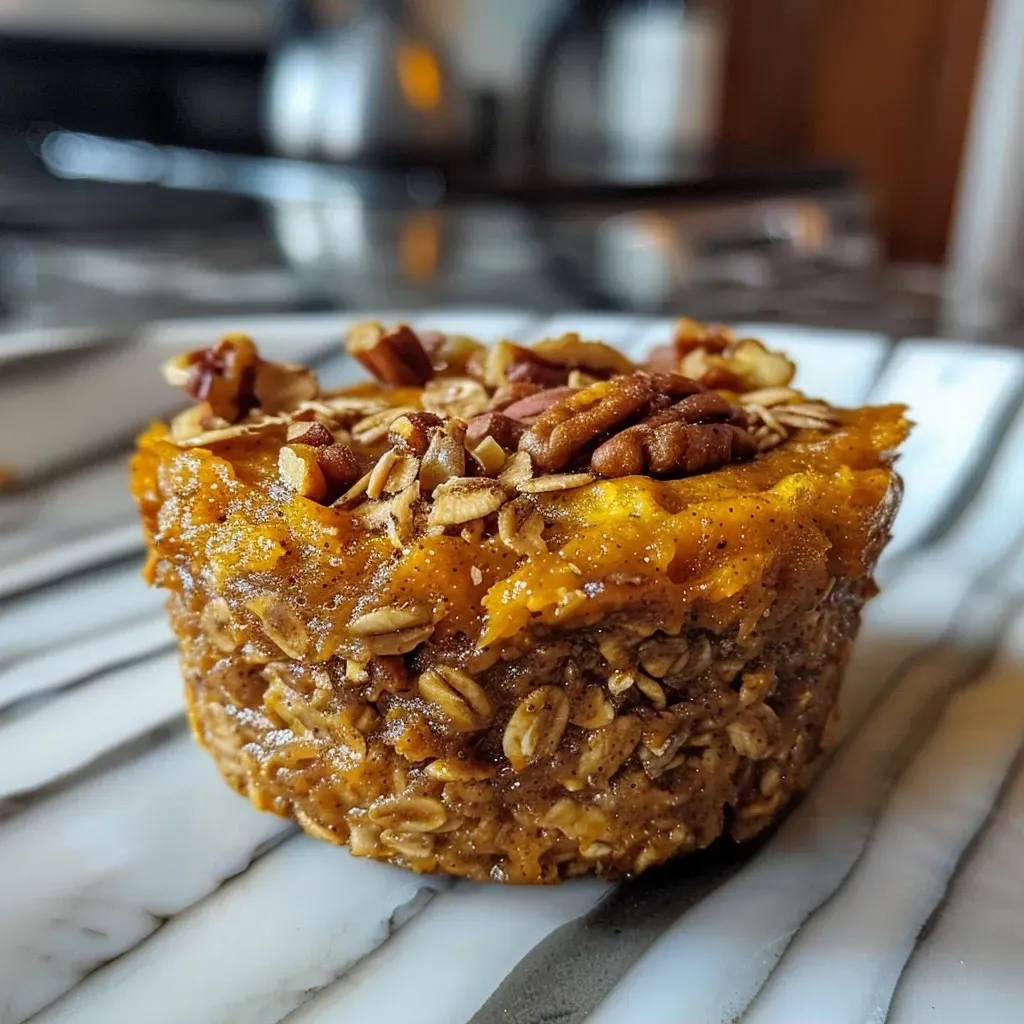 ['Close-up view of baked pumpkin oatmeal cups with a golden-brown top.', 'Side view of delicious baked oatmeal cups featuring a pumpkin filling.', 'Juicy pumpkin oatmeal cups arranged neatly on a plate, showcasing their texture.', 'Appetizing baked pumpkin oatmeal cups with visible walnut pieces on top.']