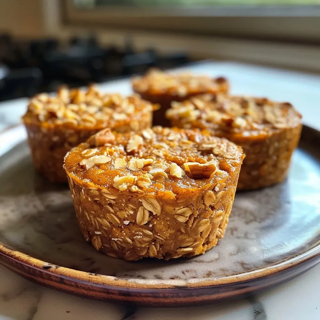 ['Close-up view of baked pumpkin oatmeal cups with a golden-brown top.', 'Side view of delicious baked oatmeal cups featuring a pumpkin filling.', 'Juicy pumpkin oatmeal cups arranged neatly on a plate, showcasing their texture.', 'Appetizing baked pumpkin oatmeal cups with visible walnut pieces on top.']