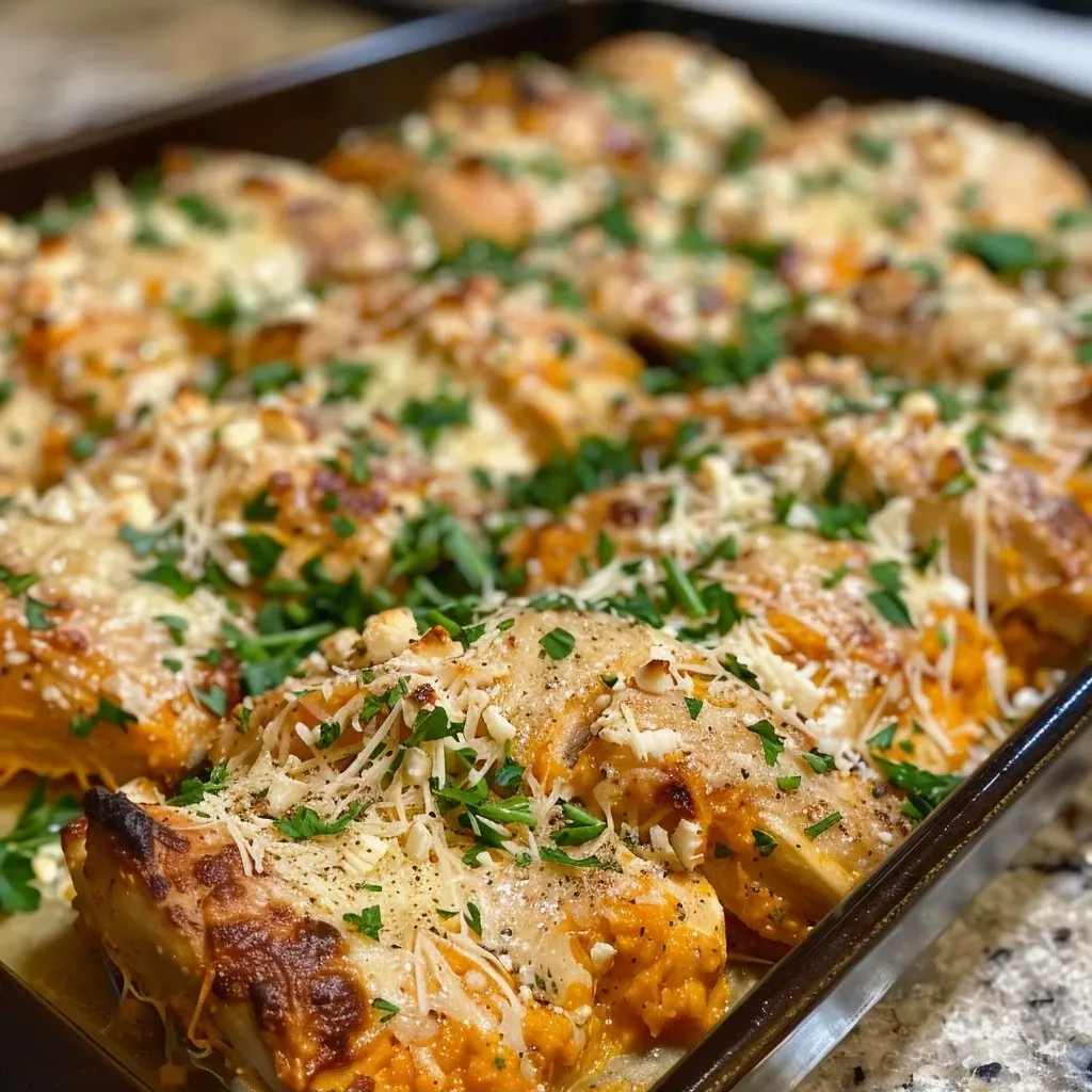 ['Close-up side view of a baked chicken breast topped with pumpkin and Parmesan.', 'Juicy baked chicken with a creamy pumpkin Parmesan crust on a plate.', 'Side view of succulent baked chicken breast with pumpkin puree and cheese topping.', 'Deliciously baked chicken garnished with a golden layer of pumpkin and Parmesan.']