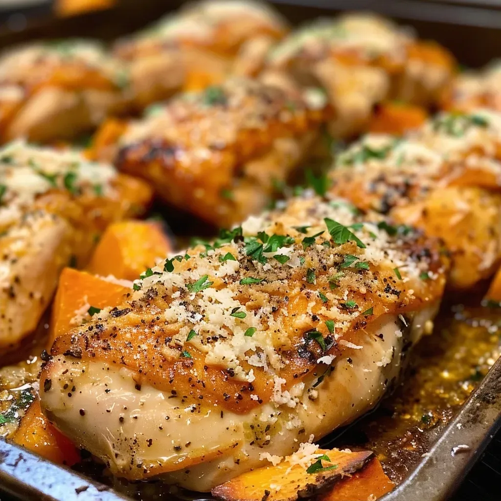 ['Close-up side view of a baked chicken breast topped with pumpkin and Parmesan.', 'Juicy baked chicken with a creamy pumpkin Parmesan crust on a plate.', 'Side view of succulent baked chicken breast with pumpkin puree and cheese topping.', 'Deliciously baked chicken garnished with a golden layer of pumpkin and Parmesan.']