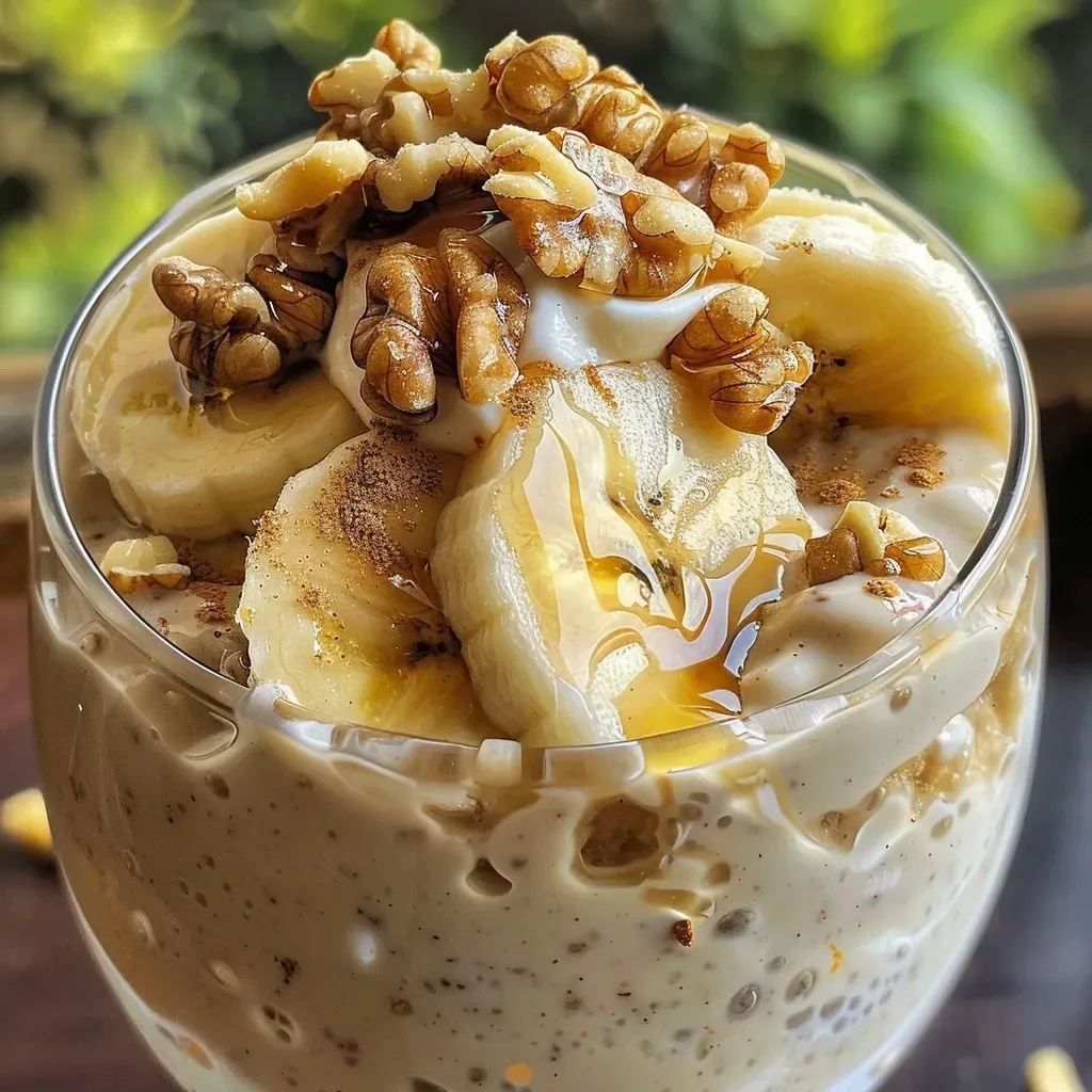 ['Close-up of a Banana Maple Walnut Yogurt Parfait in a clear glass, showcasing layers of yogurt, banana slices, and walnuts.', 'Side view of a vibrant Banana Maple Walnut Yogurt Parfait with visible textures of yogurt and toppings, served in a glass.', 'A deliciously layered parfait featuring yogurt, sliced bananas, and glazed walnuts, captured in a close-up shot.', 'Detailed view of a Banana Maple Walnut Yogurt Parfait, highlighting the creaminess of yogurt and the crunch of walnuts.']
