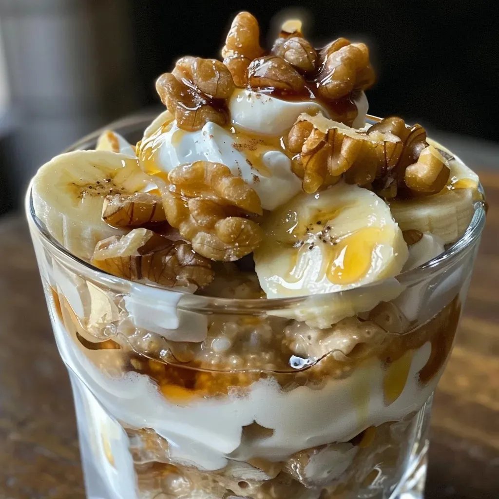 ['Close-up of a Banana Maple Walnut Yogurt Parfait in a clear glass, showcasing layers of yogurt, banana slices, and walnuts.', 'Side view of a vibrant Banana Maple Walnut Yogurt Parfait with visible textures of yogurt and toppings, served in a glass.', 'A deliciously layered parfait featuring yogurt, sliced bananas, and glazed walnuts, captured in a close-up shot.', 'Detailed view of a Banana Maple Walnut Yogurt Parfait, highlighting the creaminess of yogurt and the crunch of walnuts.']