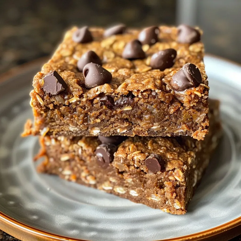 ['Close-up view of Banana Pumpkin Bars with chocolate chips on top.', 'Side view of moist Banana Pumpkin Bars showcasing a rich texture.', 'Deliciously baked Banana Pumpkin Bars with bits of chocolate visible.', 'Appetizing slice of Banana Pumpkin Bars highlighting its golden color and ingredients.']