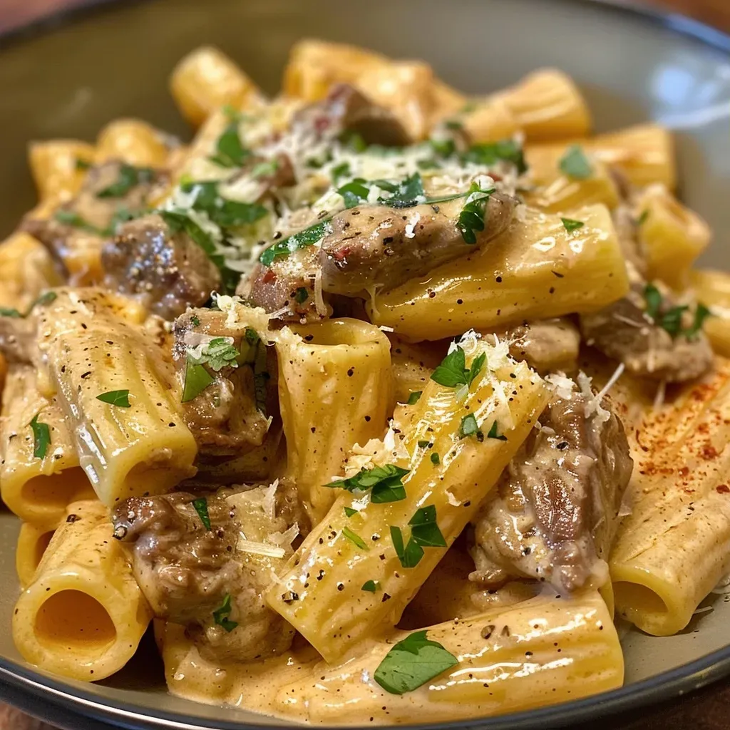 ['Close-up view of creamy garlic sauce pasta with diced beef and herbs.', 'A side view photograph of rigatoni pasta mixed with beef in a rich garlic sauce.', 'Juicy diced beef and rigatoni pasta coated in a creamy sauce garnished with parsley.', 'Detailed view of a delicious plate of beef and pasta in creamy garlic sauce.']
