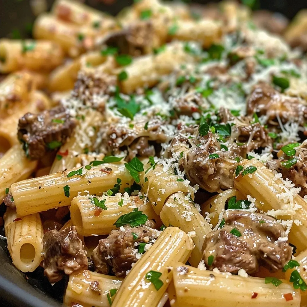 ['Close-up view of creamy garlic sauce pasta with diced beef and herbs.', 'A side view photograph of rigatoni pasta mixed with beef in a rich garlic sauce.', 'Juicy diced beef and rigatoni pasta coated in a creamy sauce garnished with parsley.', 'Detailed view of a delicious plate of beef and pasta in creamy garlic sauce.']