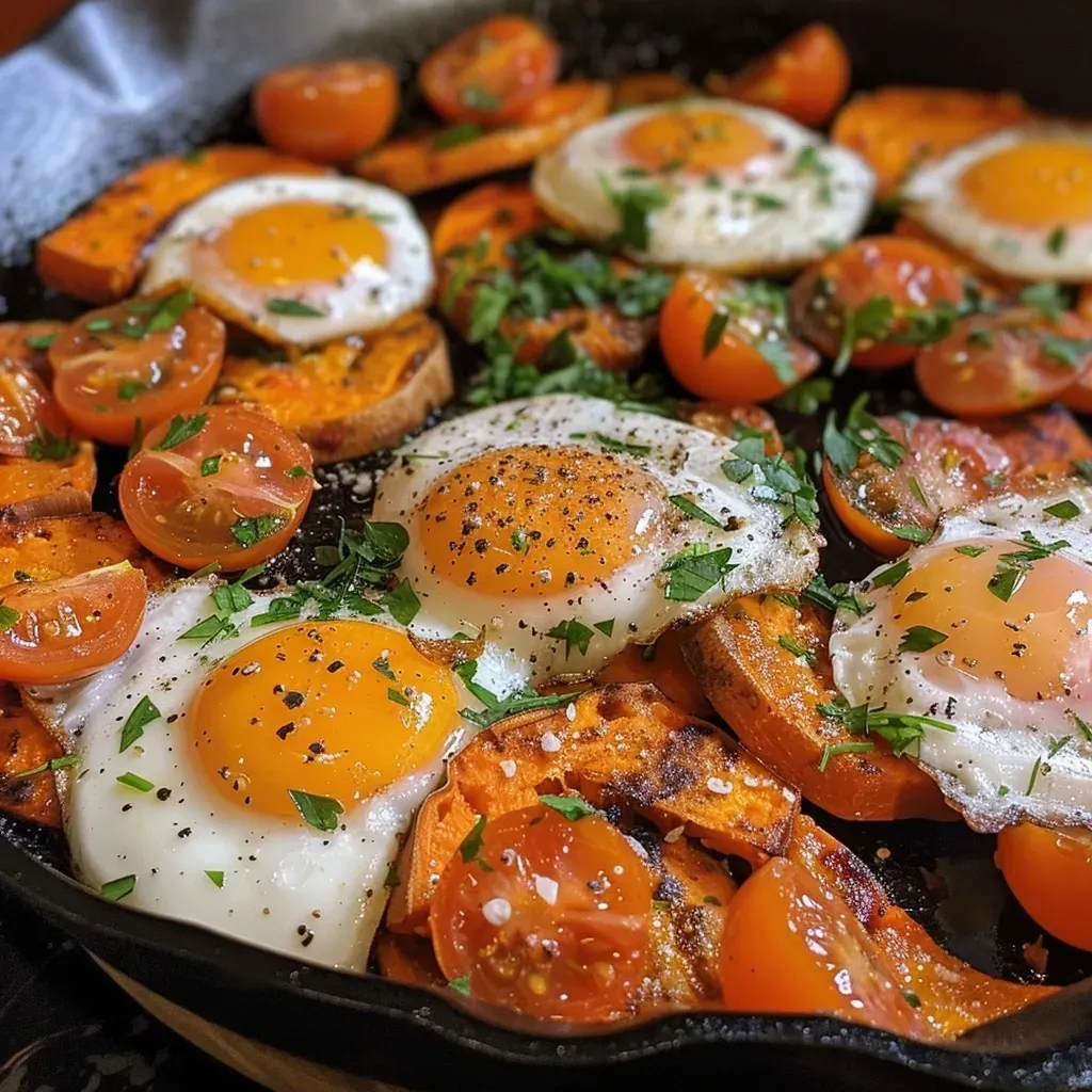 ['Close-up view of a breakfast skillet featuring sweet potatoes, onions, and eggs.', 'Side view of a colorful breakfast skillet with sweet potatoes, tomatoes, and herbs.', 'Delicious breakfast skillet filled with sweet potatoes, eggs, and chopped parsley.', 'A vibrant breakfast dish showcasing sweet potatoes and eggs in a skillet.']